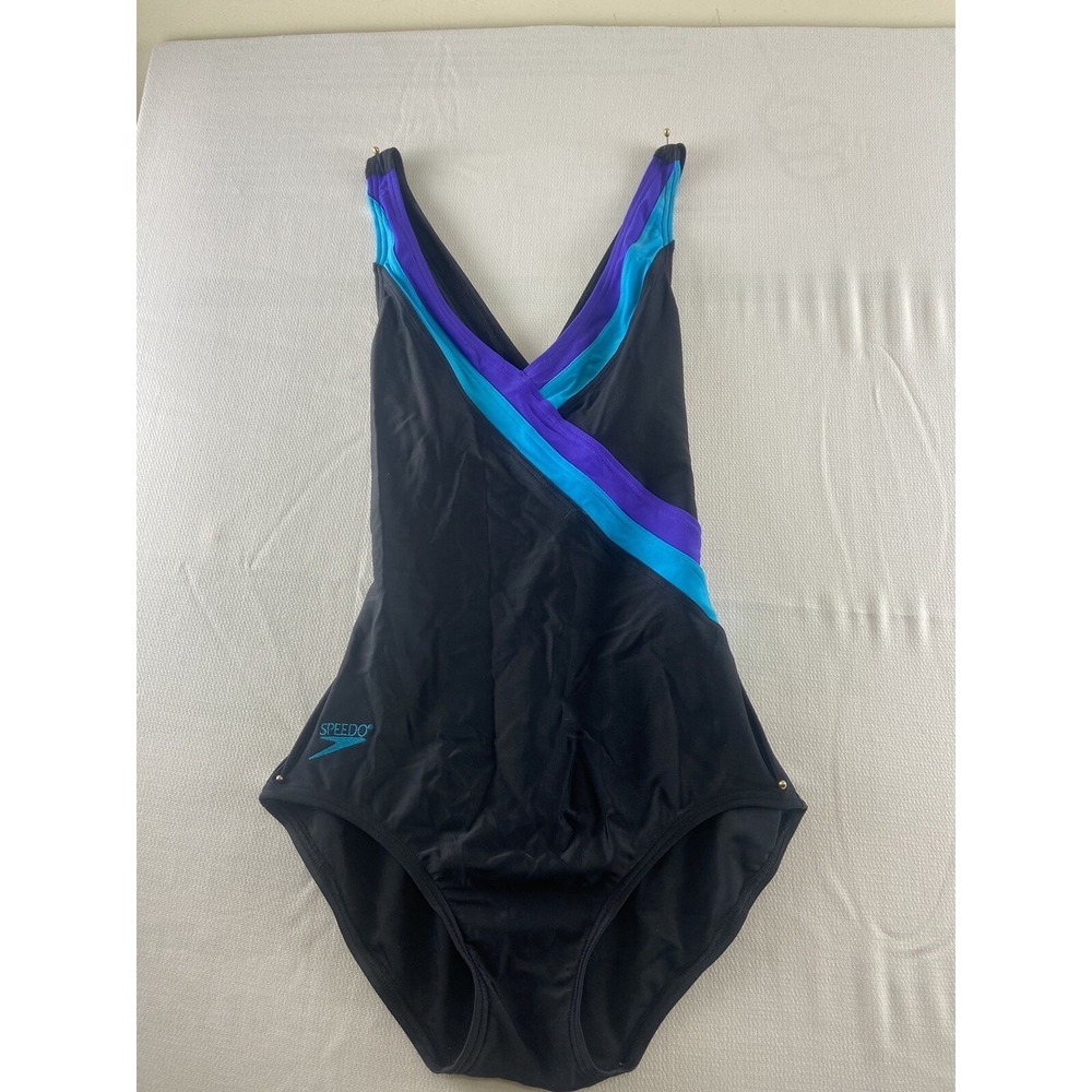 Speedo One Piece Swim Bathing Suit Womens Size 8 Black V Neck Striped Blue